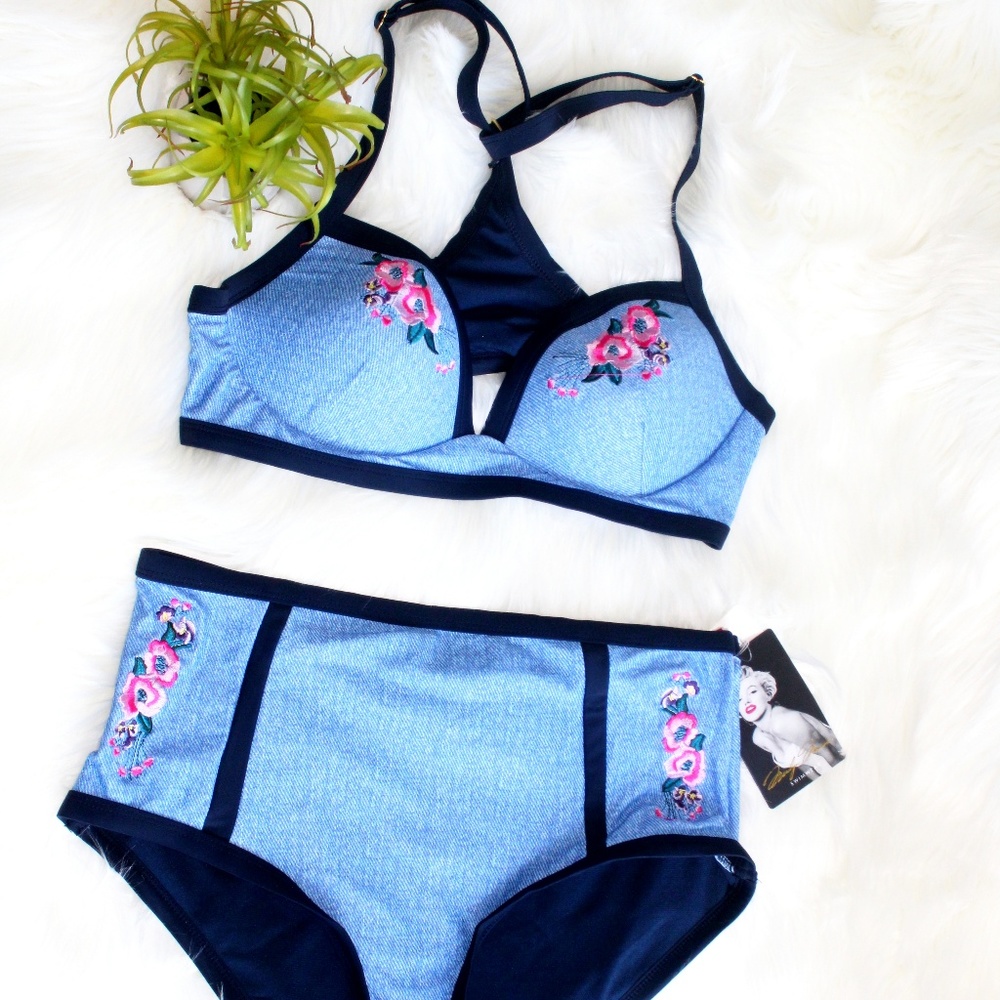 NWT High Waisted Chambray Denim Applique Swimsuit - Picture 5 of 8